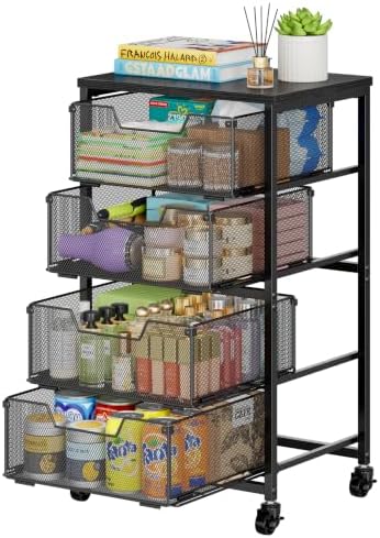 Storage Drawer Cart with Wood Top, 150 LBS Heavy Duty Metal Mesh Drawer Unit, Rolling Organizer with Anti-Drop Tracks for Closet, Bedroom Vanity, Kitchen Pantry, Office, Bathroom by Feyejade