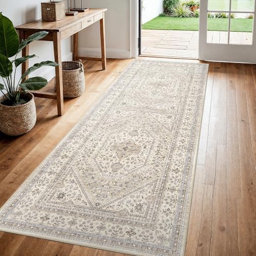 3x7 Washable Hallway Runner Rug - Non-Slip Vintage Kitchen Rugs Beige Gray - Image 3