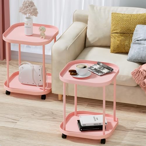 Side Table with Wheels, 2-Tier End Table Small Night Stand - Image 2