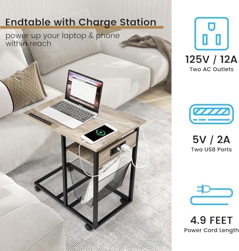FLYJOE End Table C Shape with Charge Station, Tilting Top Side Table with Magazine Holder and Lockable Wheels, Easy Assembly for Living Room, Bedroom, Industrial Style, Grey - Image 5