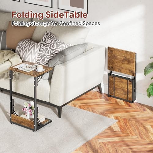 Simple Trending C Shaped End Table, Folding TV Tray Table, Side Table for Living Bedroom, Rustic Brown - Image 5