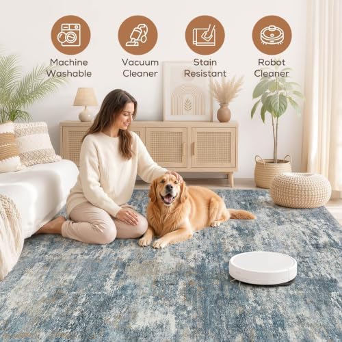 Nakagishi 10x14 Area Rugs Living Room: Washable Abstract Large Neutral Soft Rug Stain Resistant Modern Indoor Floor Non-Slip Carpet for Bedroom Nursery Kids Playroom Office Dining Room Dorm-Blue Brown - Image 3