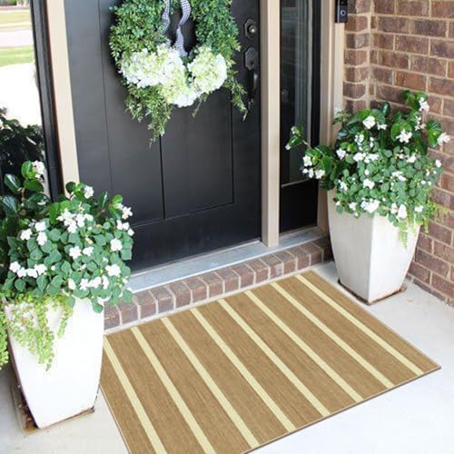 Indoor Front Door Mat, 2x3 Cottage Tan Beige Striped Front Door Rug - Image 3
