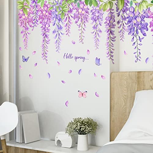 Hanging Green Vine Wall Decals,Succulent Plants Wisteria Floral Flowers Butterflies Birds Wall Stickers, Self-Adhesive Vinyl Removable Living Room Sofa TV Wall Decor - Image 6
