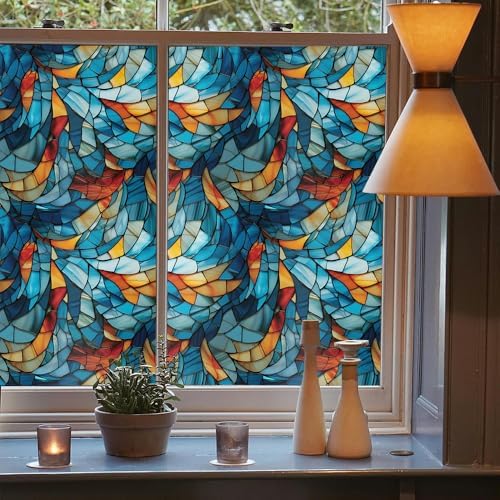 Blue Orange Yellow Geometric Mosaic Stained Glass Window Films Decorative Double-Side Privacy Film Self-Adhesive Static Glass Clings for Living Room Bathroom Decor - Image 3