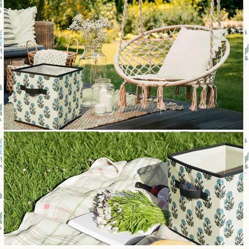 Bokon 6 Pcs 11'' Block Print Storage Bins Cubes Cyan Floral Storage Basket - Image 6
