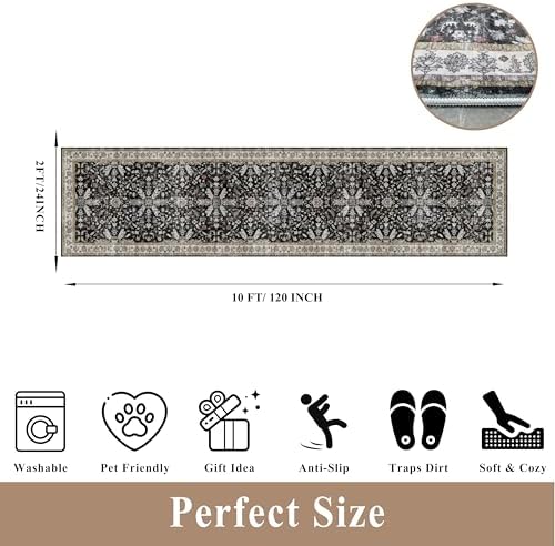 2x10 Hallway Runner Rug Non Slip Washable – Boho Floral Long Floor Carpet Runner for Kitchen Entryway Bedroom Living Room, Soft Low-Pile Thin Area Rug (Black, 2x10) - Image 2