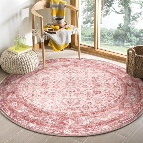 OPPODREAM Vintage Pink Area Rugs 5' Round, Washable Rug for Living Room by OPPODREAM