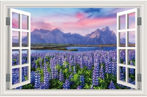 Fake Window Wall Decal- Mountain Lake Lavender Flower Open Wall Art Sticker | Faux Window Natural Scenery Landscape Mural｜Stick and Peel Wall Decals｜for Home Room Bedroom Office Scene Decor｜24"x16" by Clickhere
