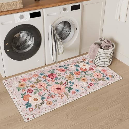 DUKINO 2x4 Entryway Rug, Floral Washable Kitchen Rugs Non Slip, Beige - Image 6