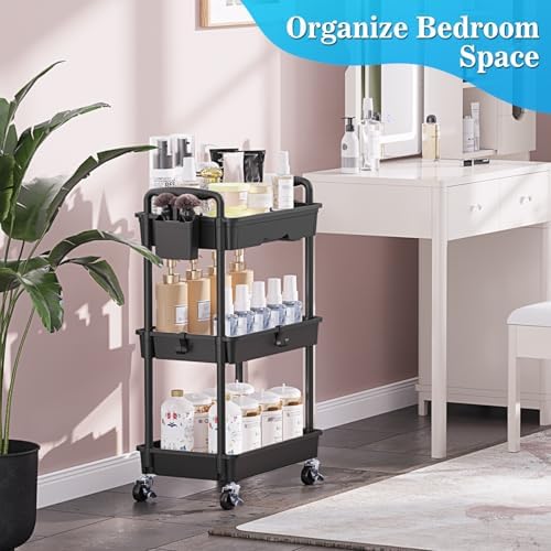 SUNALLY 3 Tier Rolling Cart with Drawer, Craft Storage Cart Organizer,Black - Image 6