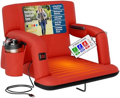 Alpcour Heated Reclining Stadium Seat for Bleachers – Wide Bleacher Chair with Back Support and Cushion, Armrests, Side Pockets, & Hook – Stadium Seats Chairs for Camping, Kayak, Paddle Board & More by Alpcour