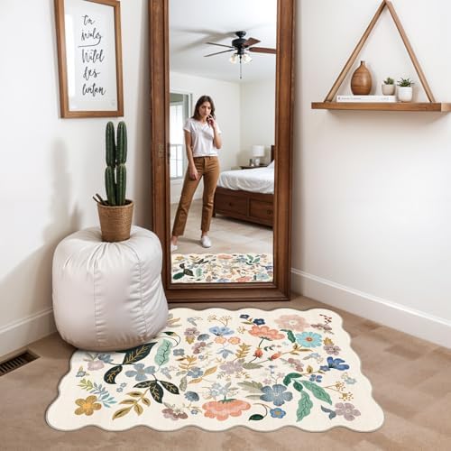 Washable 2x3 Entryway Scalloped Rug: Floral Thin Door Mat Non Slip Water Resistant Kitchen Bathroom Area Rug Indoor Ultra Soft Carpet for Laundry Nursery Living Room Bedroom Soft Floor Mat (2x3,Cream) - Image 2