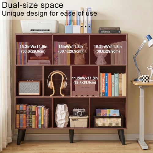 YAHARBO 10 Cube Walnut Bookshelf,3 Tier Book Shelf with Legs,Modern Minimalist Bookcase,Open Book Shelves Storage Organizer,Frees Standing Wooden Display Bookcases for Small Space,Bedroom,Living Room - Image 4