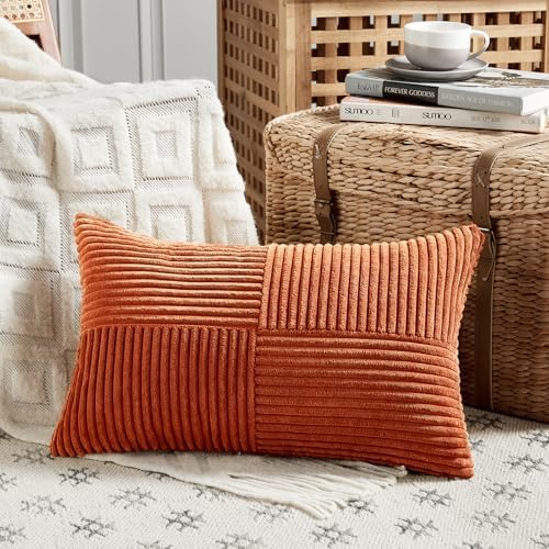 Fancy Homi Set of 2 Burnt Orange Lumbar Decorative Throw Pillow Covers 16x32 Inch for Living Room Couch Bed, Boho Farmhouse Fall Home Decor, Soft Corduroy Corss Patchwork Cushion Case 40x80 cm - Image 2