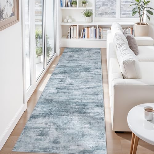 3x10 Ft Long Wide Hallway Runner Rug – Non-Slip Washable Wide Kitchen Runner, Low-Pile Thin Modern Abstract Floor Rug for Indoor Entryway, Bedroom, Living Room (Blue Grey) - Image 3