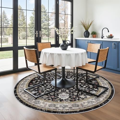 6ft Round Kitchen Rug Washable - Non-Slip Soft Low Pile Circle Area Rug for Under Table Living Room Dining Room Bedroom – Boho Floral Circular Floor Indoor Carpe (Black,6x6) by BYYVOORugsforYourHome
