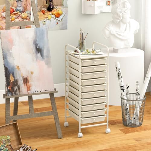 10-Drawer Rolling Storage Cart, Trolley w/Lockable 360° Wheels, 10 Removable PP Drawers, Sturdy Metal Frame, Rolling Utility Cart Perfect for Home, Office, Classroom (Ivory) - Image 7