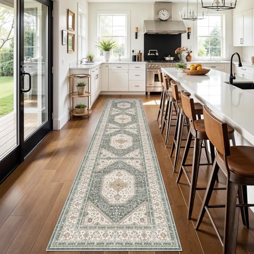 3x12 Washable Hallway Runner Rug - Non-Slip Wide Vintage Rugs Green Beige - Image 2