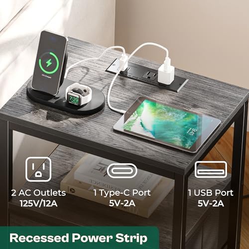 Huuger Nightstand with Charging Station, 27.6 Inch Bedside Table,Side Table - Image 4