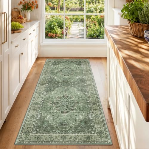 RELEANY Washable Area Rug, Runner 2'x6', Green/Dark Green/Gray by RELEANY