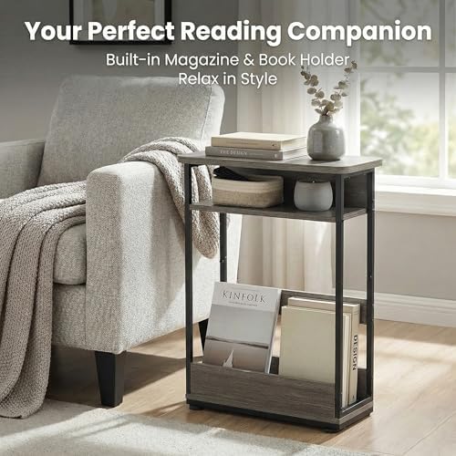 Narrow Side Table,3-Tier Slim End Table with Storage Shelf,Modern Sofa Table Thin Side Table for Narrow and Small Spaces, Skinny Bedside Table Small Nightstand with Magazine Rack Space Saving/Grey - Image 5
