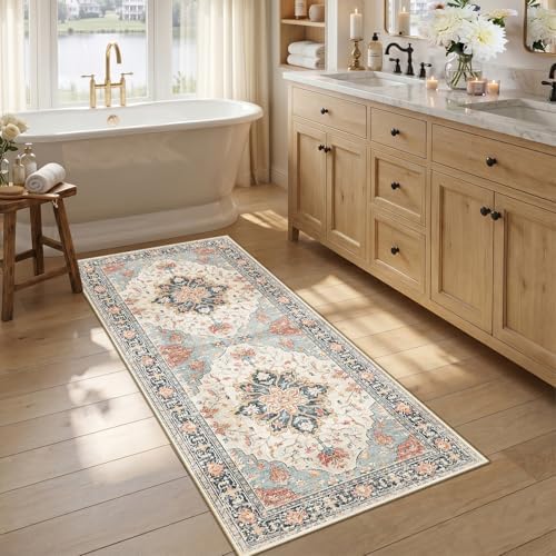RELEANY Washable Area Rug, Runner 2'6"x5', Beige/Blue/Orange by RELEANY