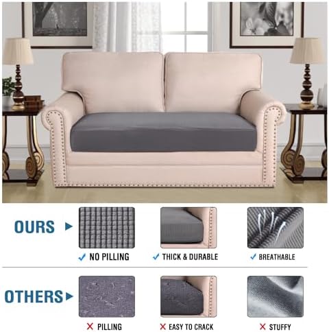H.VERSAILTEX Super Stretch Individual Seat Cushion Covers Sofa Covers Couch Cushion Covers Slipcover Sets Thick Jacquard Textured Twill Fabric (1 Piece Loveseat Cushion Cover, Grey) - Image 2