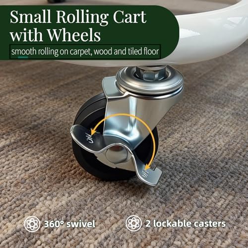 2 Tier Under Desk Storage Cart with Wheels Heavy Duty Metal Short Rolling Pantry Storage Cart for Small Space, Utility Trolley for Kitchen Bathroom Laundry Cute Snack Craft Organizer, White - Image 6