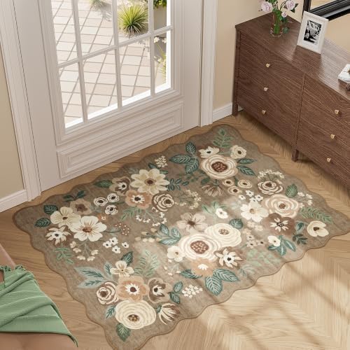 DUKINO 2x3 Rug for Entryway, Floral Door Mat Washable Rug, Light Taupe - Image 3