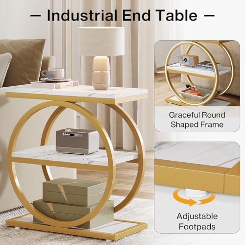 Tribesigns End Table with Storage Shelves, 3-Tier Wooden Industrial Sofa Side Table with Black Metal Frames for Living Room, Slim Nightstand and Bedside Table for Bedroom, White & Gold - Image 6