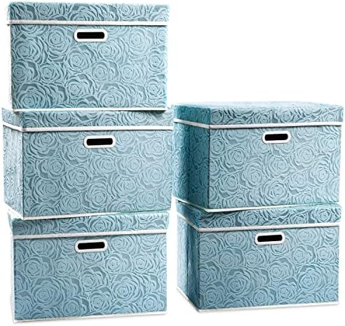 PRANDOM Stackable Storage Cubes with Lids [5-Pack] Fabric Decorative Storage Box Bins Organizer Containers Baskets with Cover Handles Divider for Bedroom Closet Living Room Blue 14.9x9.8x9.8 Inch by Prandom