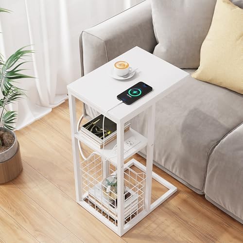 Vagusicc C Shaped End Table with Charging Station, Side Table for Couch, Small Side End Table for Small Spaces, 28" High Slide Under Sofa Table for Coffee, Tv Tray Table for Living Room, White - Image 5