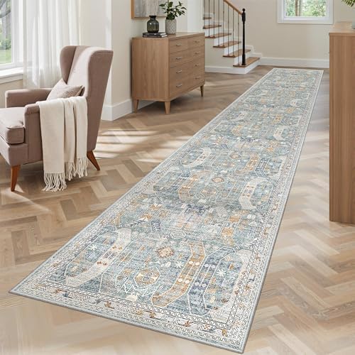 Madane Washable Runner Rugs 2x12 Long for Hallway Kitchen Soft, Blue/Gold by Madane