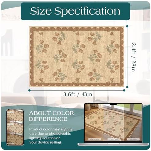 Floral Outdoor Rug - 28" x 43" Front Door Mat Indoor Outside Entrance Non-Slip Washable Outdoor Mat Jute-Look Tan Scalloped Rug for Entryway Kitchen Mudroom Layered Doormat for Front Porch - Image 2