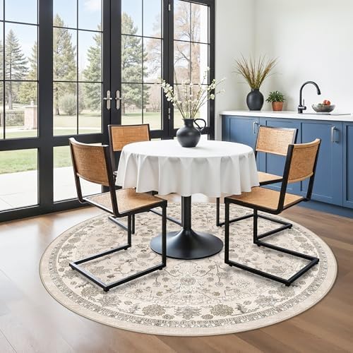 Round Kitchen Rugs 6ft Washable: Non-Slip Soft Low Pile Circle Area Rug for Under Table Living Room Dining Room Bedroom – Boho Floral Circular Floor Indoor Carpet (Beige,6x6) by BYYVOORugsforYourHome