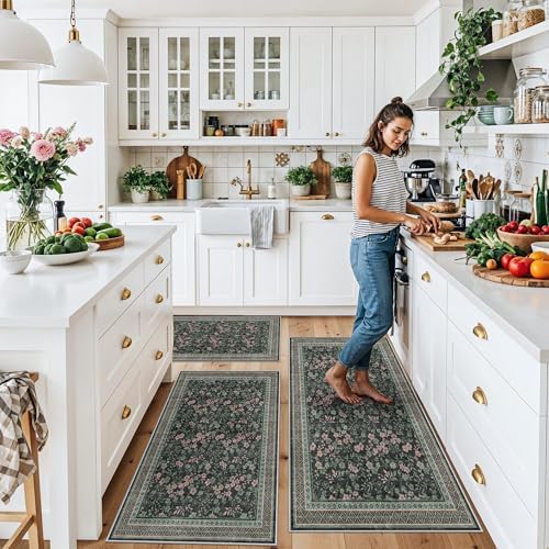Kitchen Rugs 3 Piece Set, Washable Non-Slip Farmhouse Kitchen Mats for Hardwood Floor, Rustic Floral Boho Runner Rug for Sink,Entryway & Hallway & Bathroom (Dark/Green/Floral,2x3-2x4-2x5) - Image 3