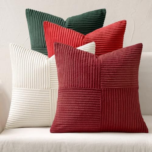 MIULEE Boho Christmas Red Decorative Throw Pillow Covers 20x20 Set of 4 Farmhouse Cushion Covers Color-Clash Corduroy Pillow Cases Modern Soft Corduroy Patchwork Home Decor for Couch Sofa Bedroom by MIULEE