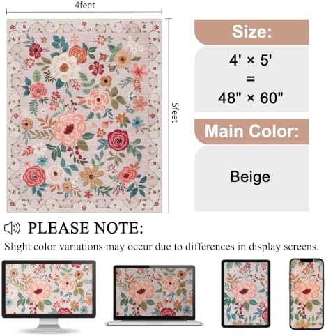 DUKINO 4x5 Area Rug for Entryway, Soft Floral Washable Rug Non Slip, Beige - Image 2