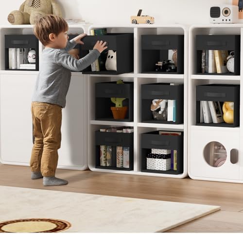 DIMJ Cube Bins, 6 Packs Fabric Storage Cubes with Clear Window, Storage Bins with Handles, Storage Baskets for Organizing Living Room, Bedroom, Office, Black - Image 3