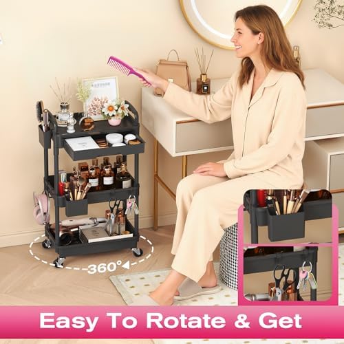 Goovilla Rolling Makeup Organizer Cart with Removable Drawer, 3 Tier Black - Image 5