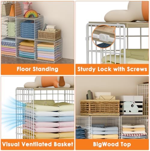 Hencawima 6 Pack Stackable Closet Organizer, Closet Organizers and Storage Shelves with Wood Tops, Metal Storage Bins for Closet Shelves, Sweater and Clothing Storage for Wardrobe, White - Image 4
