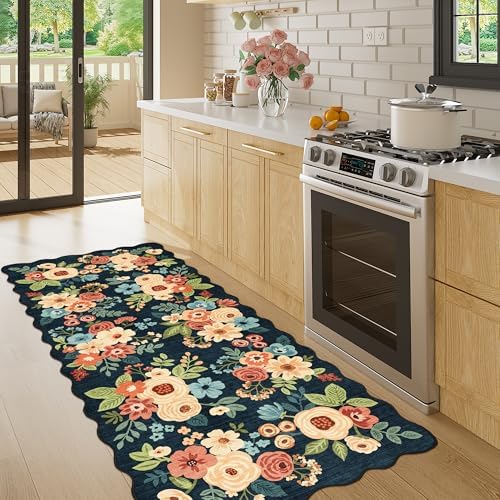 DUKINO 2x5 Washable Runner Rug, Floral Non Slip Kitchen Rug, Navy Blue - Image 3