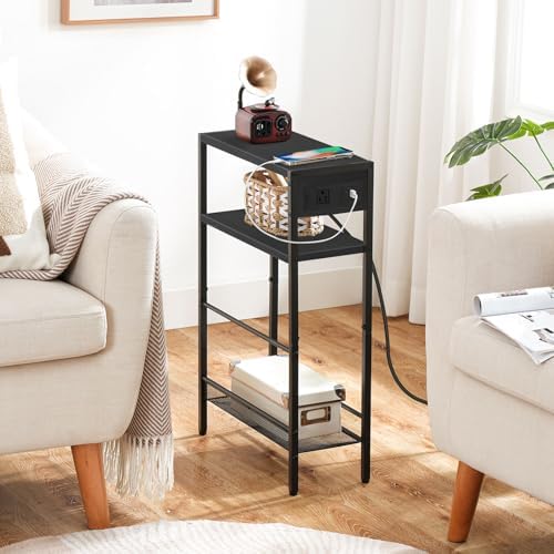 HOOBRO Small Narrow Side Table with Charging Station, Skinny End Table for Small Spaces, Slim Nightstand with USB Ports Outlet, Sofa Beside Table with Storage Shelf, Black BB102UBZ01 - Image 2
