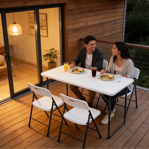 4ft Folding Table with Adjustable Height, Heavy Duty Fold-in-Half Plastic Table with Steel Legs, Portable for Indoor, Outdoor, Picnic, Camping, Dining, Party, White - Image 2