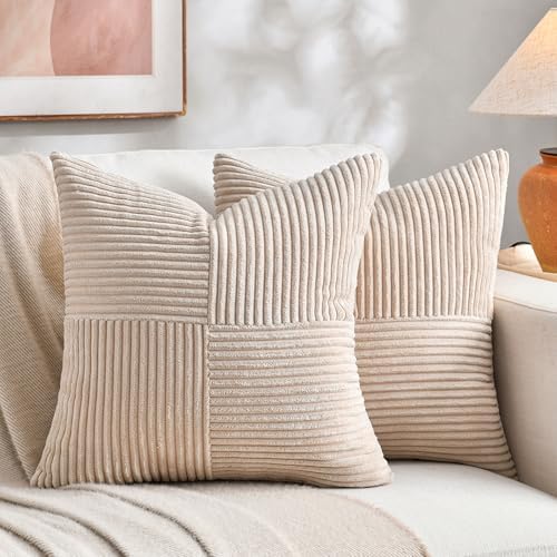 Fancy Homi 2 Packs Tan Euro Decorative Throw Pillow Covers 26x26 Inch for Living Room Couch Bed, Farmhouse Boho Home Decor, Soft Corss Corduroy Patchwork Textured Square Beige Cushion Case 66x66 cm by Fancy+Homi
