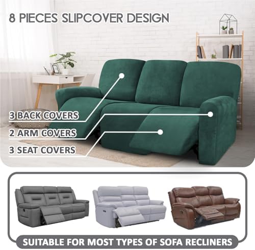 ULTICOR Velvet 8-Pieces Recliner Sofa Covers Stretch Reclining Couch Covers for 3 Cushion Reclining Sofa Slipcovers Furniture Covers Thick Soft Washable (3 Seater Recliner Cover, Retro Green) - Image 2