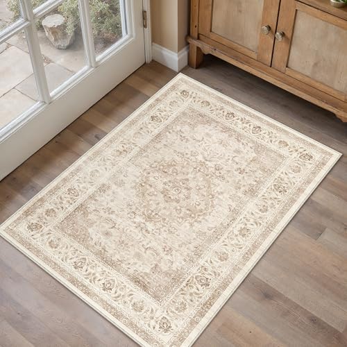 2x3 Beige Washable Area Rug Non Slip Vintage Carpet - Image 3