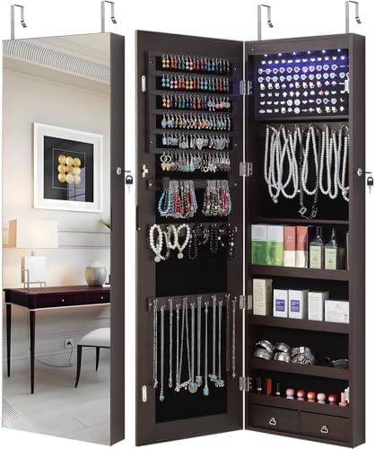 GISSAR Full Length Mirror Jewelry Cabinet, 6 LEDs Jewelry Armoire Wall Mounted Over The Door Hanging, Jewelry Organizer Storage with Lights Lockable, Brown, 14.6" x 47.2" by GISSAR