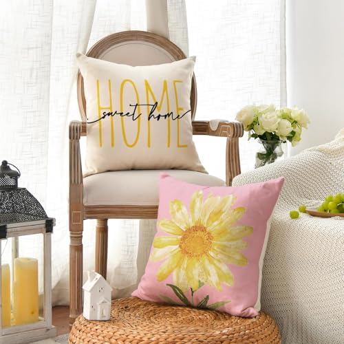 AVOIN colorlife Home Sweet Home Spring Summer Flowers Pink Throw Pillow Covers, 20 x 20 Inch White Cushion Case for Sofa Couch Set of 4 - Image 3